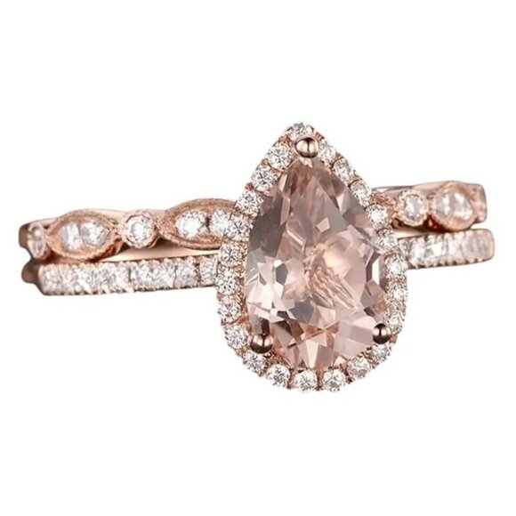 Pear Water Drop Shaped Engagement Ring Set Morganite Bridal Set Rose Gold Halo - Picture 2 of 4